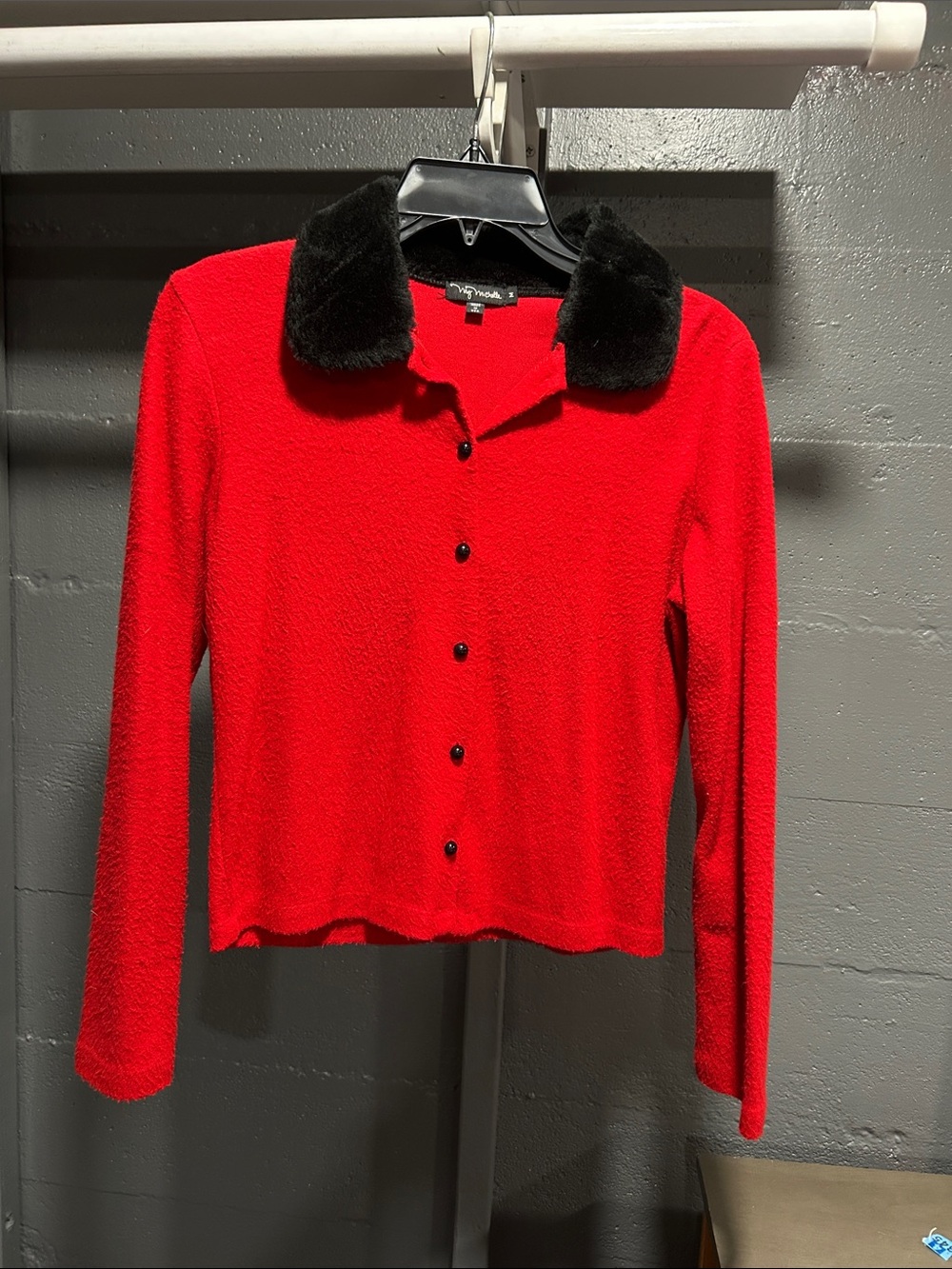My Michelle Red Button-Front Top with Black Faux Fur Collar